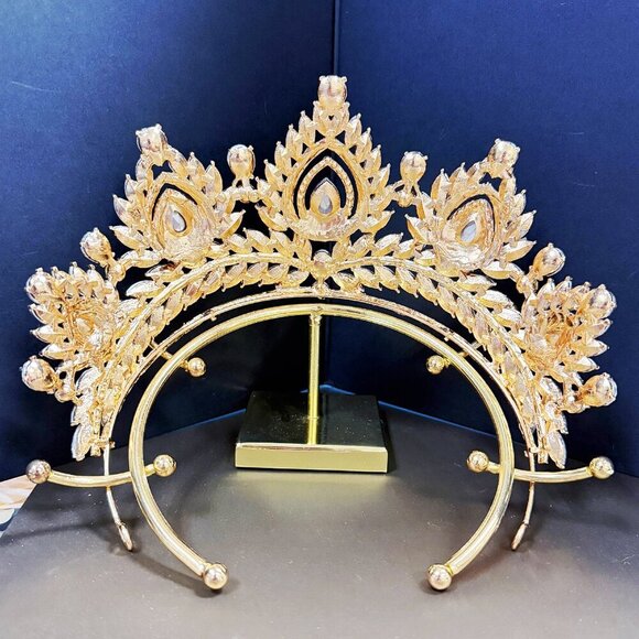 Quinceanera Crown, Clear Rhinestone Crown, Large Size Crown, Gold Crystal Crown main image 3